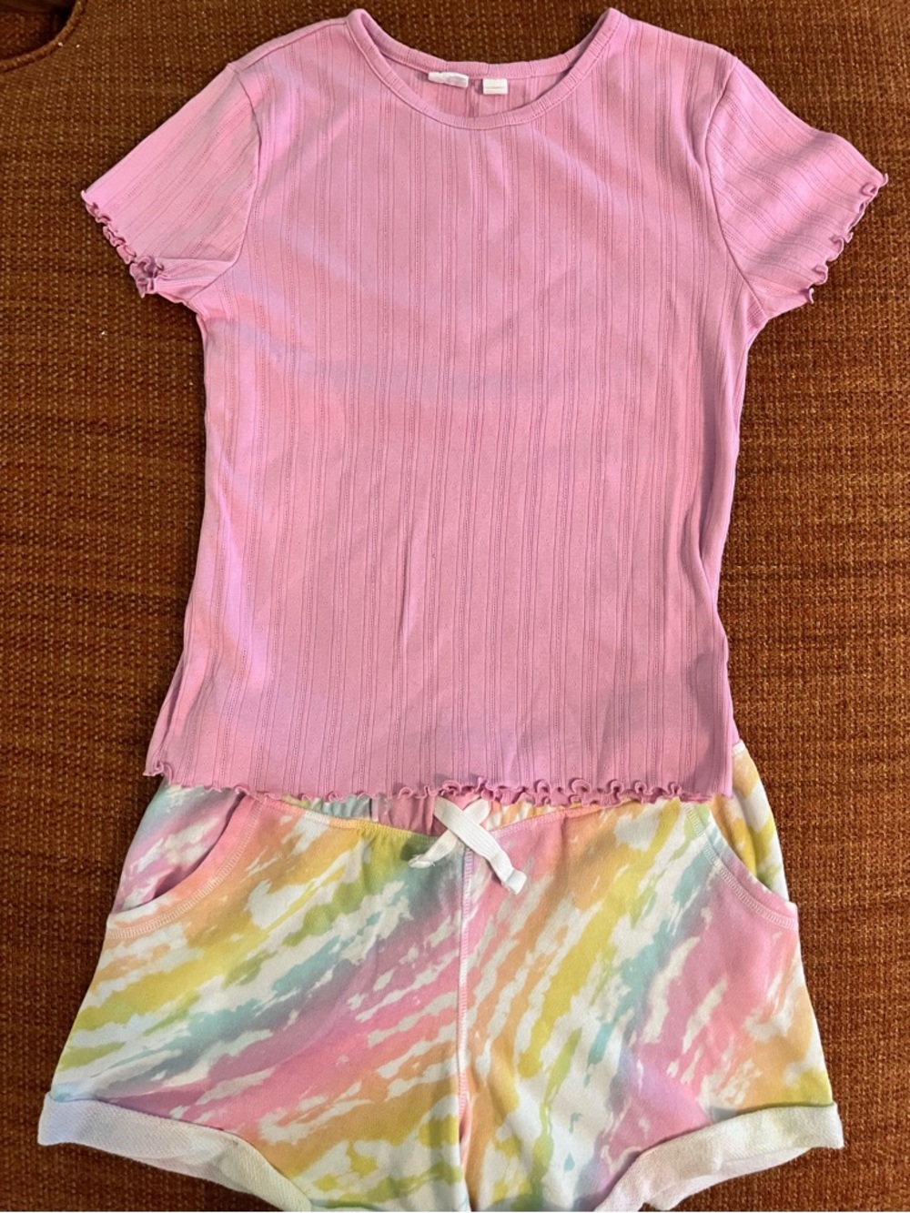 BUNDLE Girls Ribbed Short Sleeve Gap Top with SO Pastel Tie-Dye Shorts XL 14/16